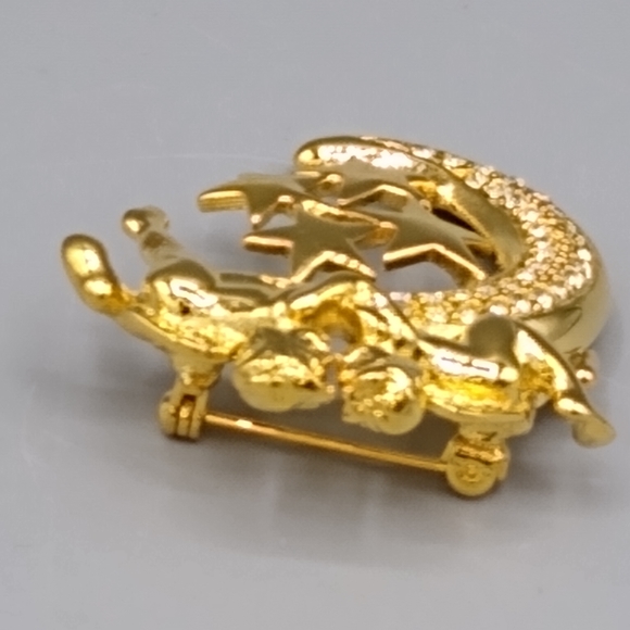 Cherub Crescent Moon Angel Brooch with Rhinestone Stars Valentine's Gift Vintage - Picture 6 of 15